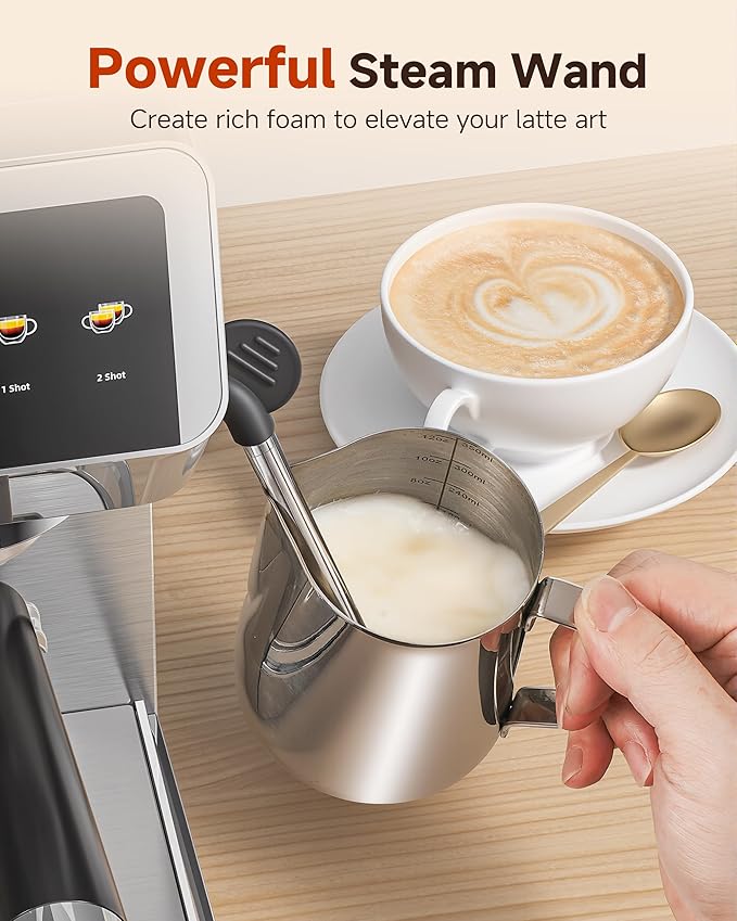 AMZCHEF Espresso Machine With Grinder, 190℉-201℉ Temp Control Coffee machine with 44 Grind Setting, Milk Frother, Touch Screen, Cold Brew, Sliver