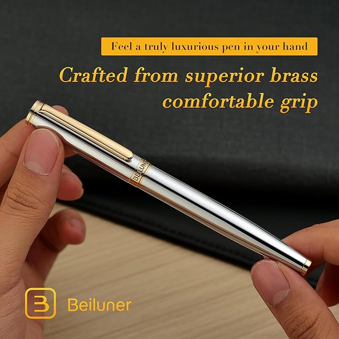 BEILUNER Silver Chrome Fountain Pen,Stunning Luxury with 24K Gold Accents, Gorgeous 24K Gilded Nib(Fine), Trustworthy Pen Gift for Men&Women -Ink Converter-Elegant, Graduation,Nice Pen for Writing