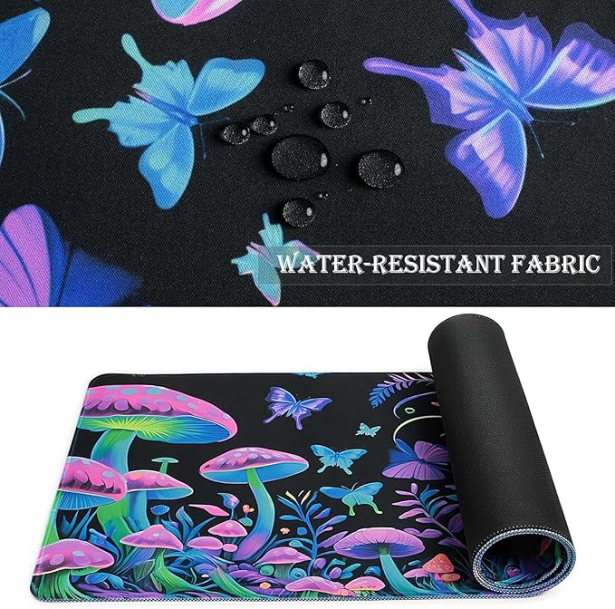 Simpkeely Large Skull Mushroom Gaming Mouse Pad - UV Light Reactive Neon Glow Butterfly Mat Waterproof XL Non-Slip Rubber Base for Computer & Keyboard, 31.5" x 11.8"
