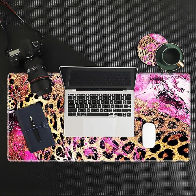 Large Gaming Mouse Pad, Pink Leopard Print Desk Pad, Big Extended Keyboard Mouse Mat with Stitched Edge for Laptop Computer Game Office Home Desk Decor with Coaster 