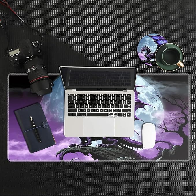 Large Gaming Mouse Pad, Purple Arcient Dragon Desk Pad, Big Extended Keyboard Mouse Mat with Stitched Edge for Laptop Computer Game Office Home Desk Decor with Coaster 