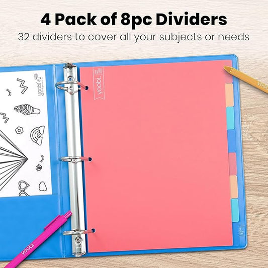 Yoobi 8 Tab Binder Dividers, 3 Hole Punch Divider Set for 3 Ring Binders, Pack of 4 Multicolor Loose Leaf Dividers, Includes Sticky Labels for Blank Tabs, Office or School Supplies, Binder Organizer