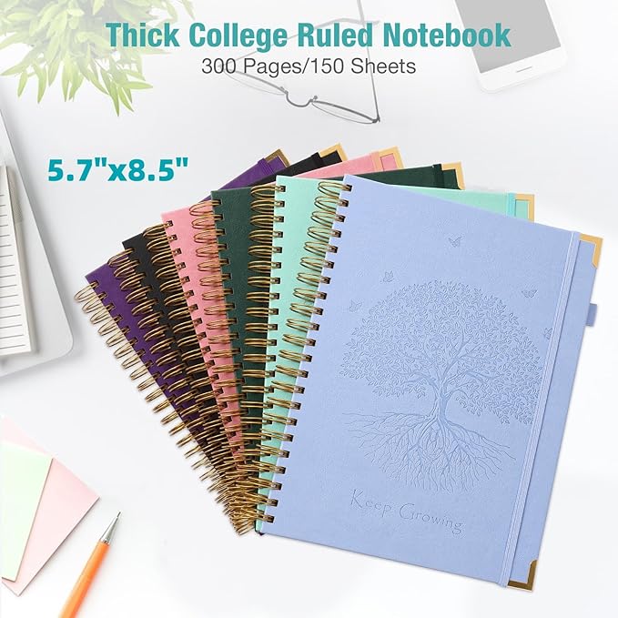 Spiral Notebook, College Ruled Notebook, A5, 300 Pages Leather Journals for Writing, 5.7" x 8.5" Hardcover Journaling Notebooks for Work School, 24pcs Tabs, Large Embossed Journal for Women Men, Green