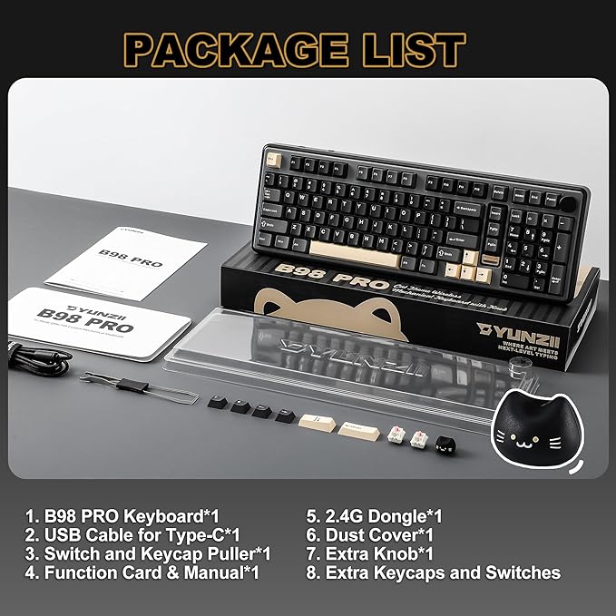 YUNZII B98 PRO QMK/VIA Wireless Mechanical Gaming Keyboard, 96% Layout with Numpad and Cute Cat Knob, BT/2.4G/USB-C, Pre-Lubed Switch Hot Swap Gasket, RGB for Win/Mac (Black, Candy Linear Switch)