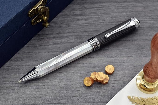 Xezo Maestro Twist Action Handmade Executive Ballpoint Pen. Iridescent Oceanic Origin White Mother of Pearl with Diamond-Like Carbon PVD. Serialized, No Two Pens Alike