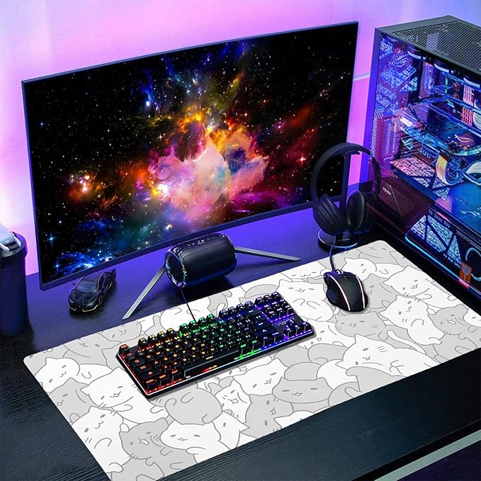 aportt Kawaii Cats White Gaming Mouse Pad XXL Cute Kittens Japanese Extended Big Large Desk Mat Non-Slip Rubber Base Stitched Edge Long Keyboard Mousepad for PC Computer Laptop, 35.4×15.7 Inches