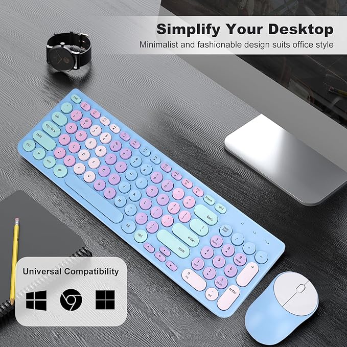 Wireless Keyboard and Mouse Combo, Retro Typewriter Keyboard with Round Keycaps, 2.4GHz USB Cute Wireless Keyboard Mouse for Computer, Desktop, Laptop and Computer (Rainbow Blue)