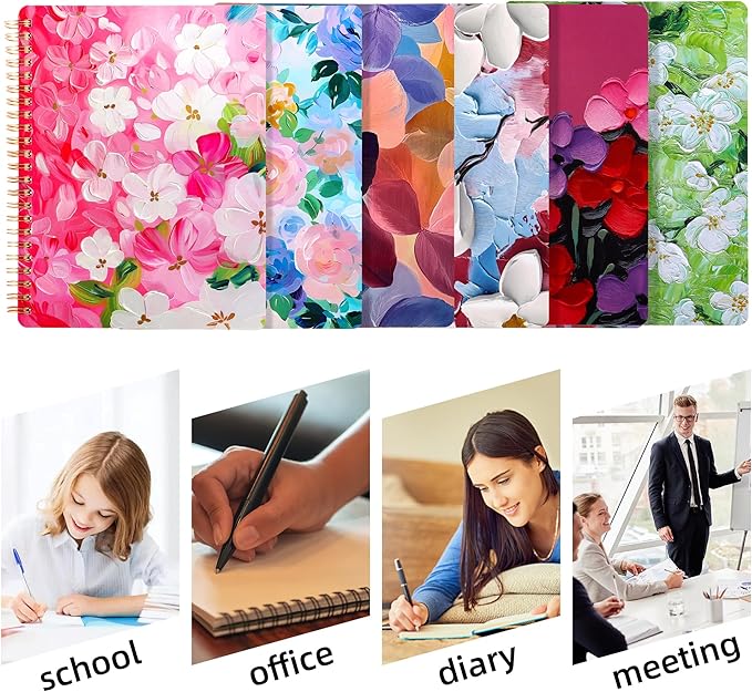 Spiral Notebook for Women, 8.25" x 6.25" Journal with Durable Hardcover and 160 Lined Pages with Large Pockets - Perfect to Stay Organized and Boost Productivity at Work or School (flowers-E)