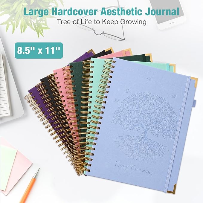 Spiral Notebook, College Ruled Notebook, 8.5" x 11", 300 Pages Leather Journals for Writing, A4 Hardcover Journaling Notebooks for Work School, 24pcs Tabs, Large Embossed Journal for Women Men, Green
