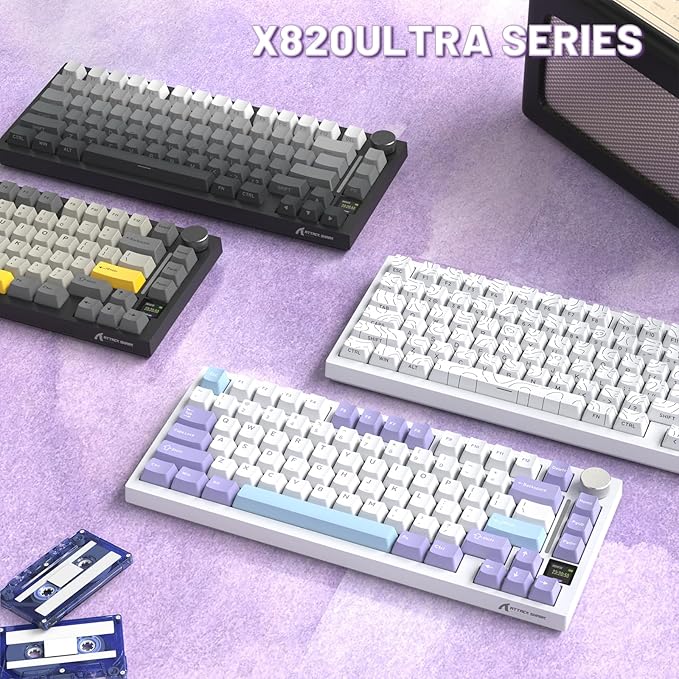 A.JAZZ Attack Shark X820Ultra 75% Wireless Mechanical Gaming Keyboard and Coiled Cable Hot Swappable 2.4GHz/Bluetooth/Wired Keyboard with Screen & Knob RGB Backlit Gasket Mount Gift Switch-Starwhite
