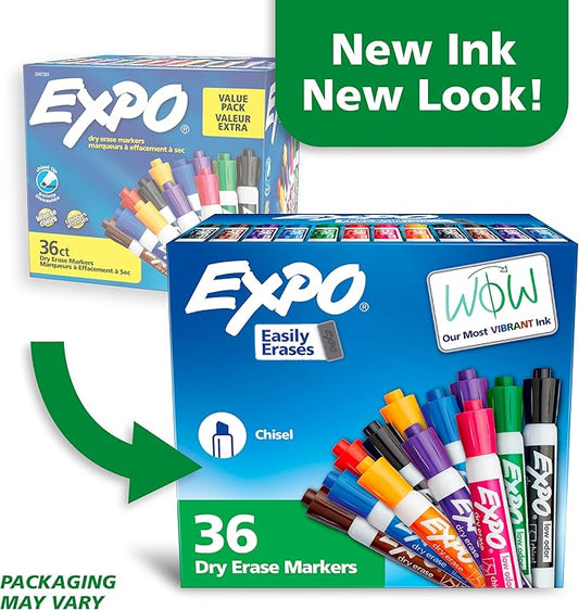 EXPO Chisel Tip Dry Erase Markers Low-Odor Assorted Colors Pack of 36 - Ideal for Classrooms Offices and Homes