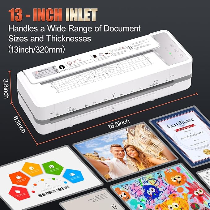 13" 4-Roller Commercial Laminator Machine,3-10 Mil Thickness Laminating Machine,Fast 55s Warm-Up&1000mm/min Laminating Speed for Laminating 11x17&A3 Size,Includes 30 Sheets for Office,School(White)