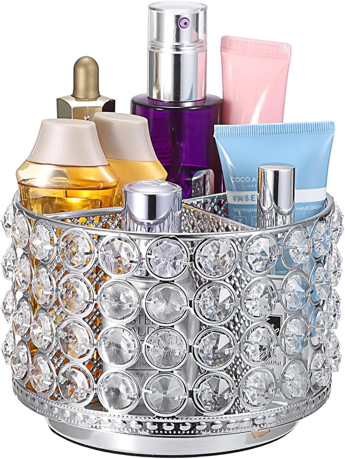 Hipiwe Crystal Vanity Organizer Makeup Brush Holder- 360 Rotating Cosmetic Brushes Display Organizers Spinning Remote Control Holder Bathroom Storage Organizer for Eyebrow Pen Pencil,Silver 4-Slot
