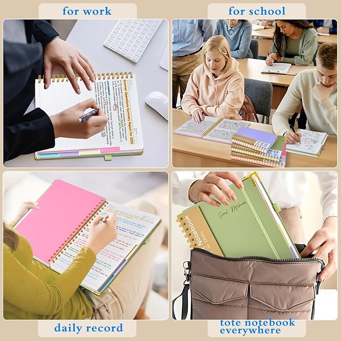 Hardcover Spiral Notebooks for Work, 5 Subject Notebook College Ruled with Dividers Tabs, Lined Organizer Notebook Journal for women, 8"x10" Large B5 Notebooks for School Note taking, 240 Pages Black