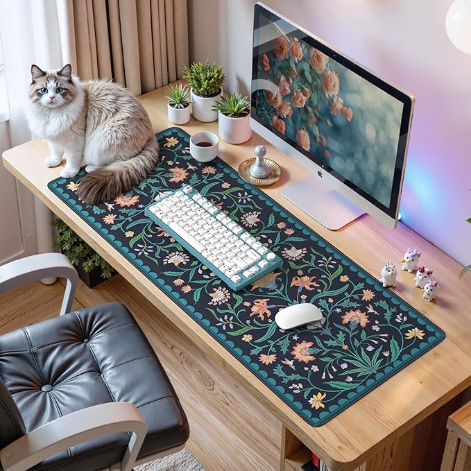iLeadon Large Mouse Pad for Desk, Computer Cover Mat with Smooth Lycra Surface, Floral Desk Mat for Keyboard for Office, Home, Navy Blue