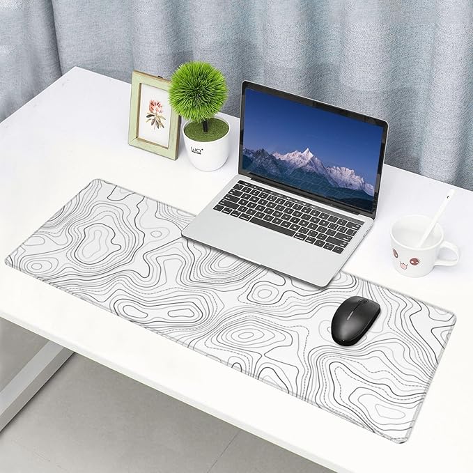 Topographic Map Minimalist Gaming Mouse Pad Desk Mat XL 31.5×11.8 Inch White Lines Contour Geographic Extended Mousepad 30X80cm with Non-Slip Rubber Base Stitched Edge for Gamer Office Home Work