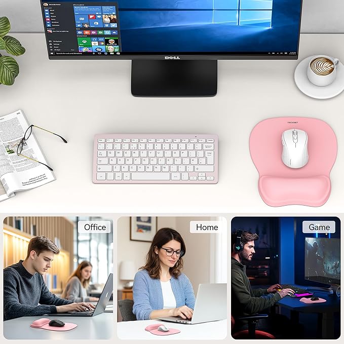 TECKNET Gel Mouse Pad with Wrist Rest, Ergonomic Office Mousepad with Wrist Support - Non-Slip & Smooth Surface Comfortable Desk Accessories Mat for Office, Gaming and Study - Pink