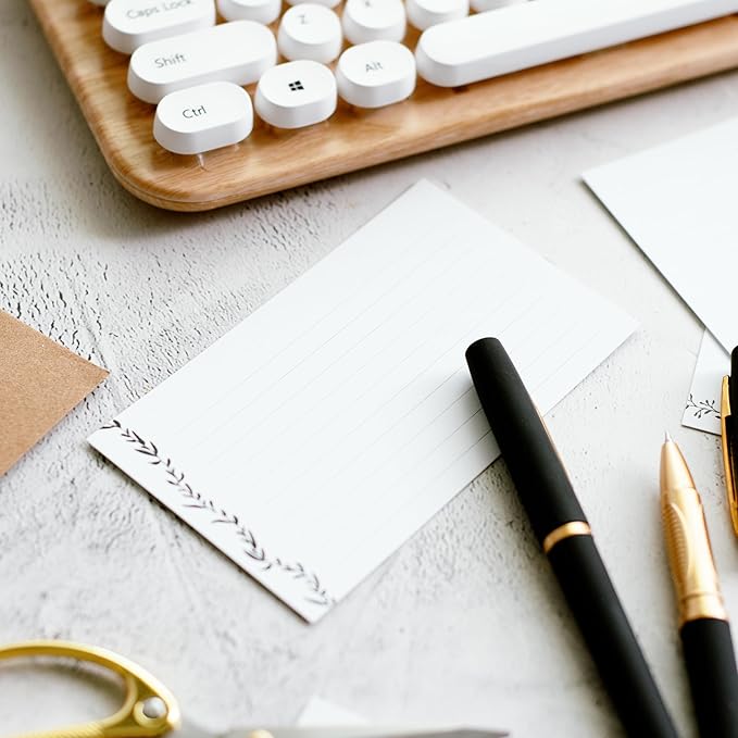 Leaf Garland Index Cards by Pure Print and Design | Floral Flash Cards Perfect For Study Sessions & Learning | 100 Cards of Premium Quality with 5 Different Designs | Black and White | 3x5 inches