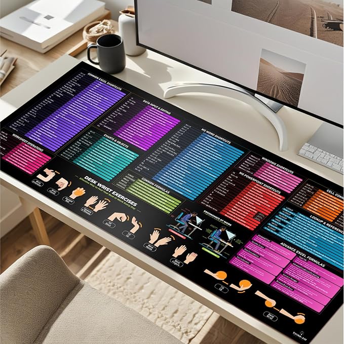 Excel Cheat Sheet Desk Pad, 27"x11.8", Waterproof Large Excel Shortcut Mat with Stitched Edges, Anti-Slip Excel Mouse Pad for Office Desk, MS Excel/Word/Powerpoint & Windows Shortcuts