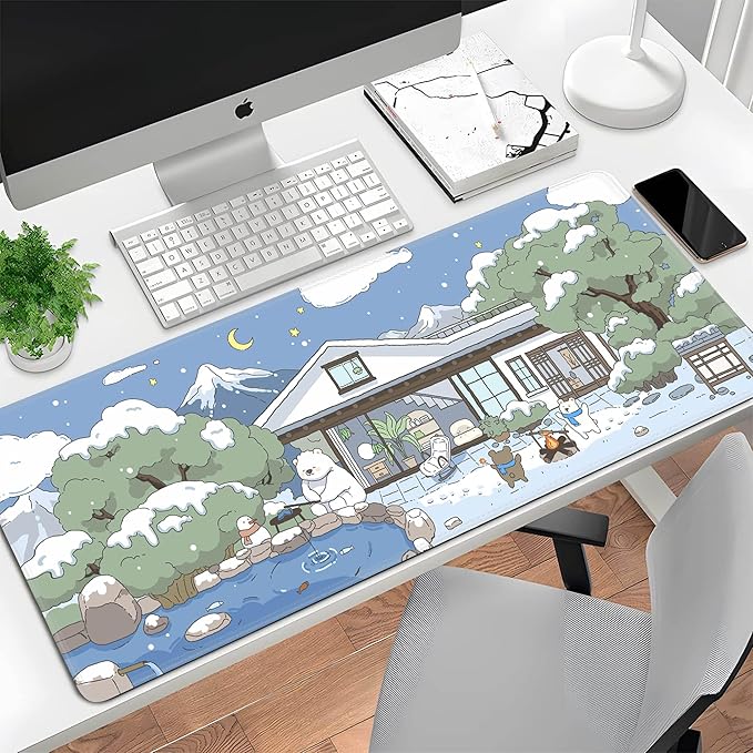 Kawaii Mouse Pad Large Desk Mat Extended Keyboard Mouse Pad Cute Mousepad with Non-Slip Base and Stitched Edge Funny Bear Mouse Mat Desk Pad 31.5 x 11.8 in Mouse Pads for Desk Decor Home Office Gaming
