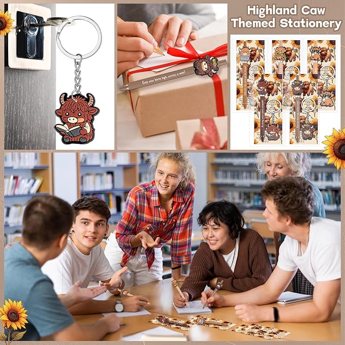 20 Set Inspirational Employee Appreciation Gifts Bulk Highland Cow Gifts Pens Sets Motivational Highland Cow Ballpoint Pens Keychains Bookmark Gift for Social Worker Nurse Teacher Team Staff