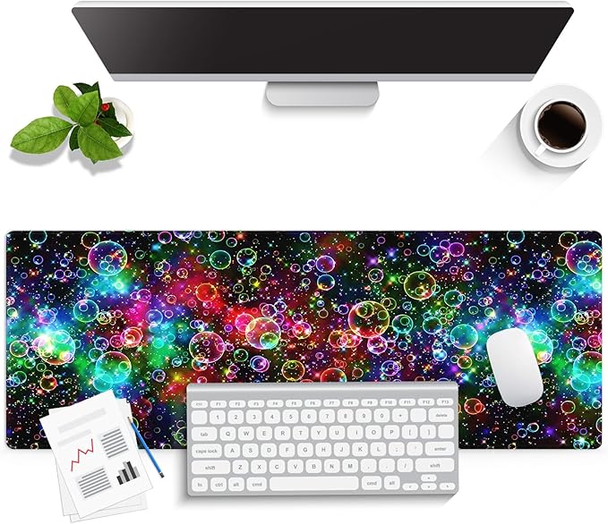 knseva. Large Gaming Mouse Pad with Stitched Edges, Vibrant Rainbow Bubbles and Stars, Anti-Slip Rubber Base & Smooth Fabric Surface XXL Extended Desk Mat
