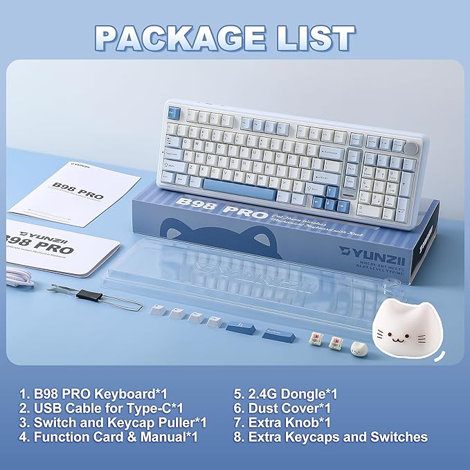 YUNZII B98 PRO QMK/VIA Wireless Mechanical Gaming Keyboard, 96% Layout with Numpad and Cute Cat Knob, BT/2.4G/USB-C, Pre-Lubed Switch Hot Swap Gasket, RGB for Win/Mac (Blue, Candy Linear Switch)