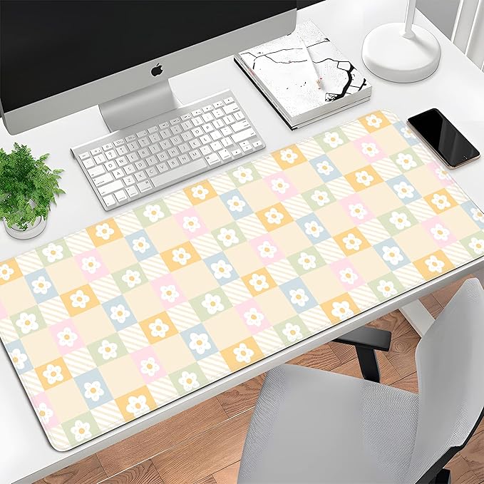 Cute Checkered Mouse Pad Large Desk Mat Extended Keyboard XL Mouse Pad Kawaii Mousepad with Non-Slip Base and Stitched Edge Daisy Mouse Mat Desk Pad 31.5 x 11.8 in Mouse Pads for Desk Home Office