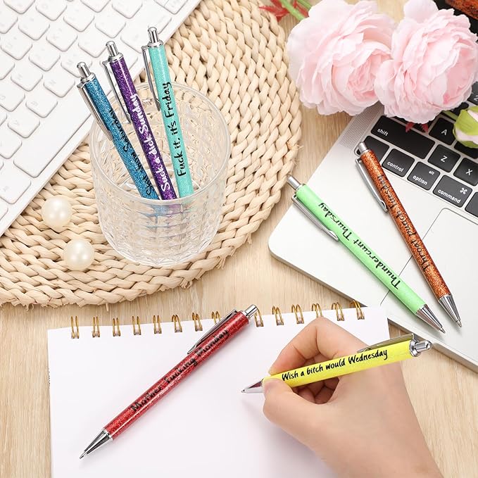 Sherr 7 Pcs Christmas Halloween Weekday Pens Days of the Week Glitter Ballpoint Pens with 10 Black Ink Refills Fancy Gifts for Colleagues Office Mood Supplies(Rainbow,Week)