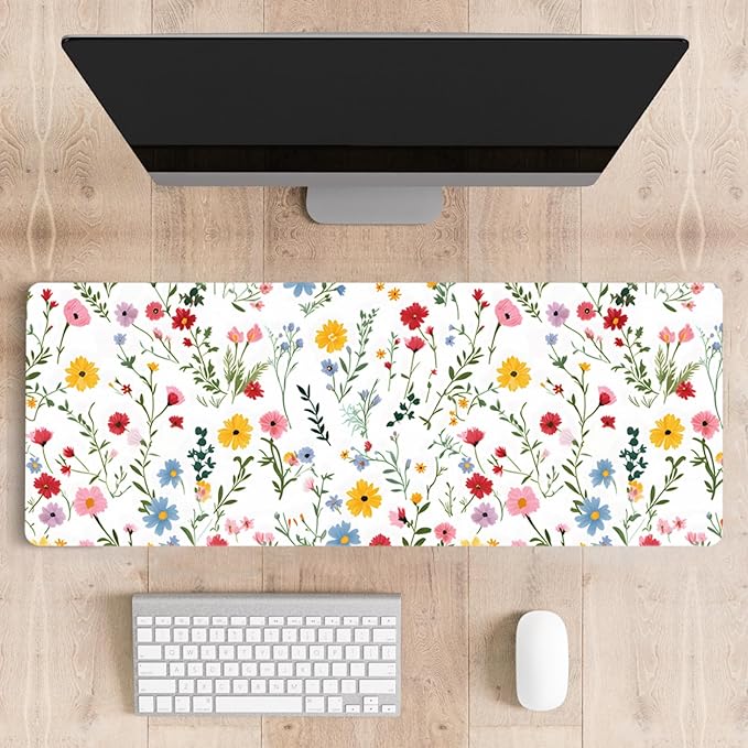 Mousepad Desk Mat Gaming Large Keyboard Cute Office Desktop Computer Laptop White Floral XXL Long Big Kawaii Aesthetic Girly Pretty Design Women Girl Gamer Oversized Wide 30x12'' Mousepad