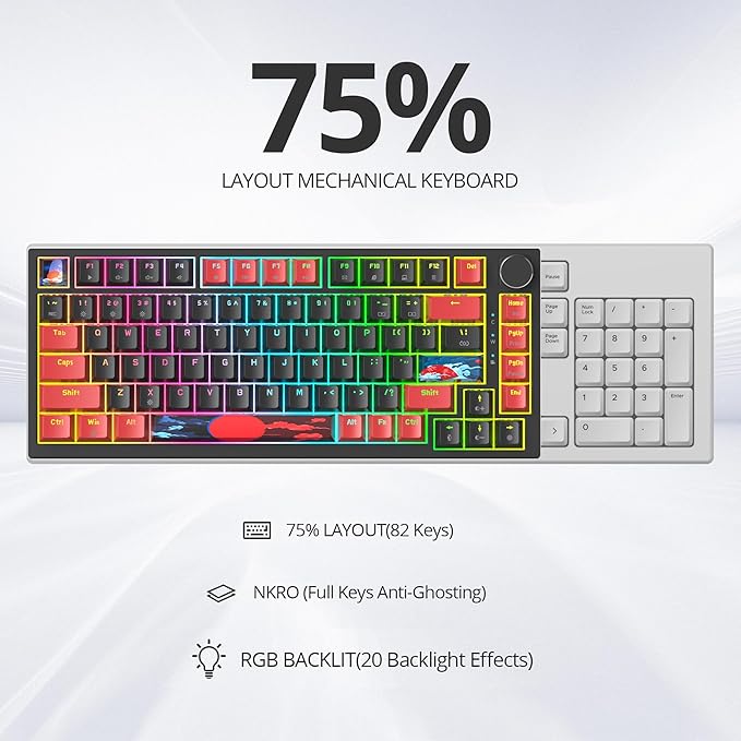 75% TKL Wired Mechanical Keyboard,RGB Backlit Gasket Mount 82 Key Hot Swappable Custom Linear Red Switch Gaming Keyboard with Volume Knob & PBT Keycaps (82 Black)