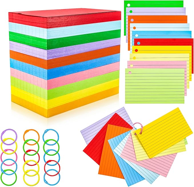 MotBach 600Pcs Colored Index Cards 3x5 Inch Flash Cards with Rings Lined Note Card Flashcards, Colorful Ruled Card Pad Index Note Books 3 x 5 Notecards for Studying School Supply College Office