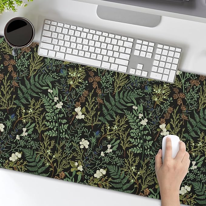 aportt Black Aesthetic Vintage Botanical Gaming Mouse Pad XL Cute Forest Green Plant Nature Floral Extended Large Big Mousepad Non-Slip Stitched Edge Long Mat for Desk Office Computer,31.5×11.8 in
