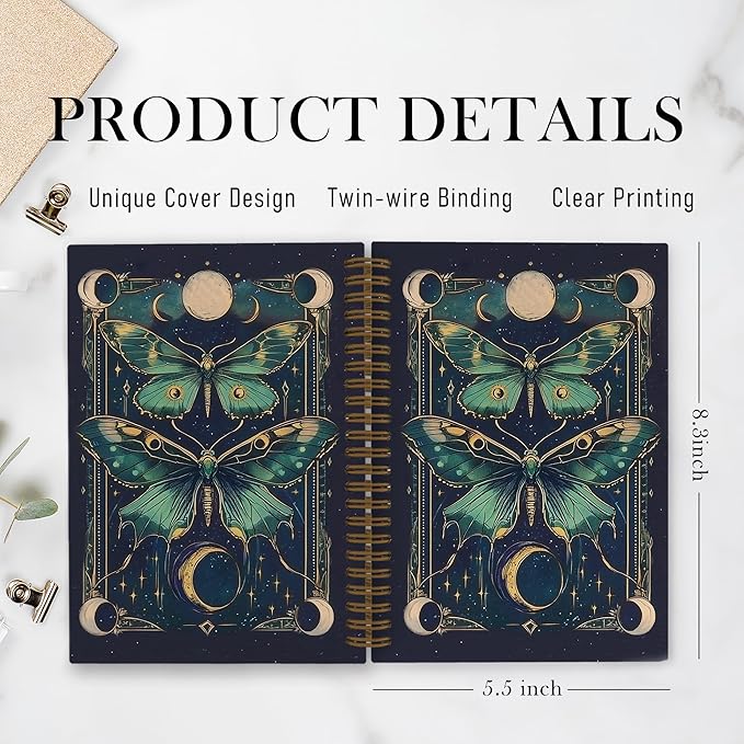 Gothic Celestial Moth Butterfly Spiral Notebook, Witchy Moths Journal Notebook, Mystical Moon Butterfly Notebooks for School Work, Gothic Moth Office Supplies Gifts for Women Men, 5.5x8.3 In