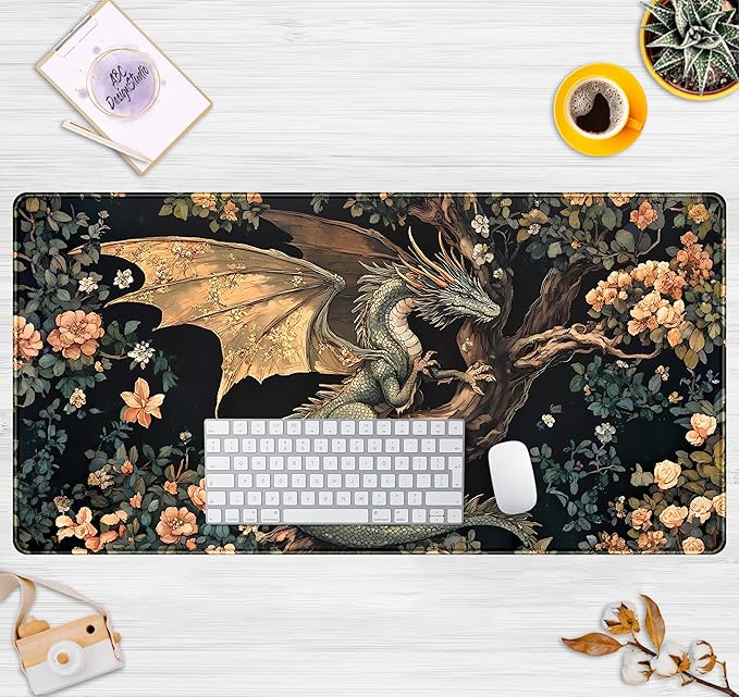 Desk Mat Cute Enchanted Forest Dragon Kawaii Mouse Pad XXL Large Extended Vintage Academia Anime Desk Pad, Cozy Computer Playmat Laptop Keyboard and Mouse Mat with Stitched Edges, 31.5x15.7 in
