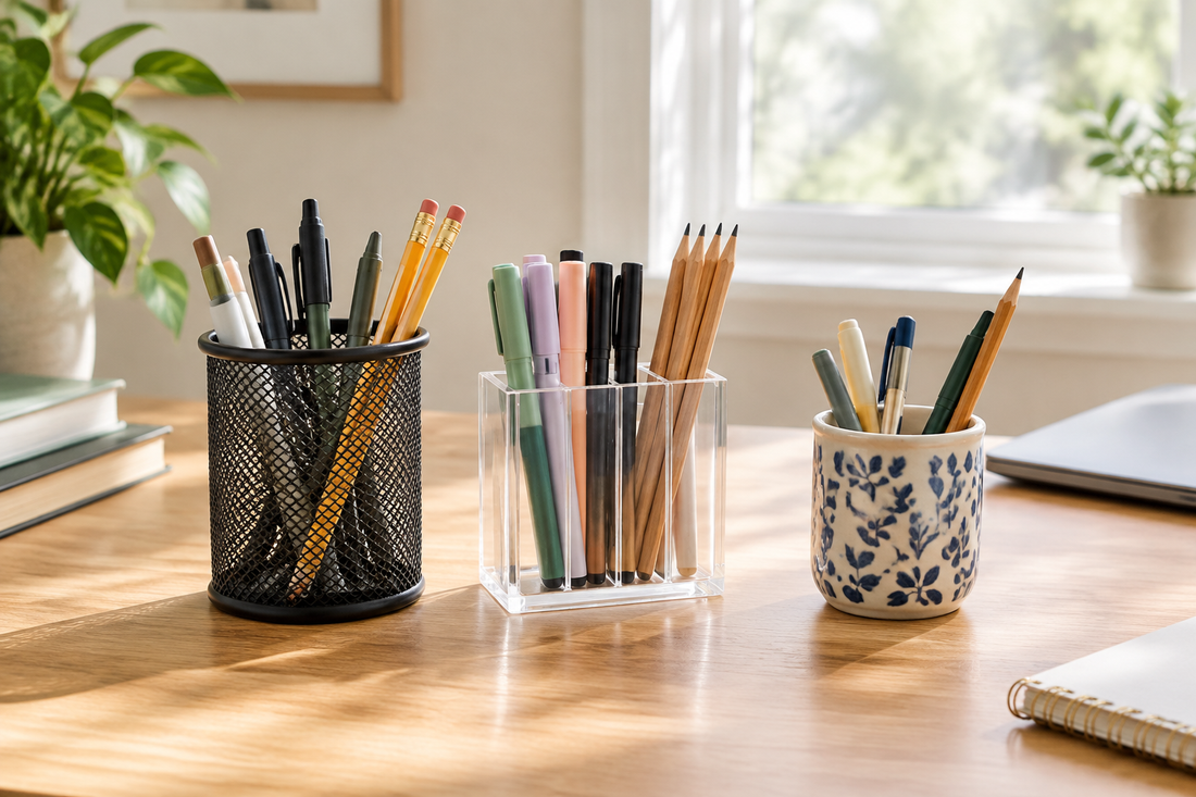 Pen holders and pencil cups on a bright desk