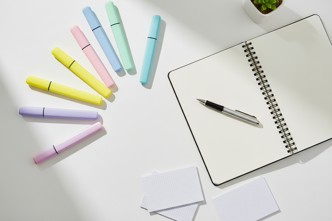 Assorted highlighters arranged for office, school, and study notes