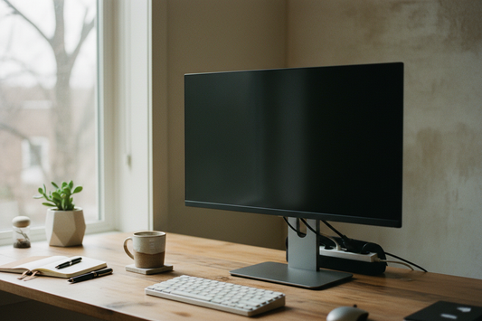 Minimal office workspace with a monitor stand