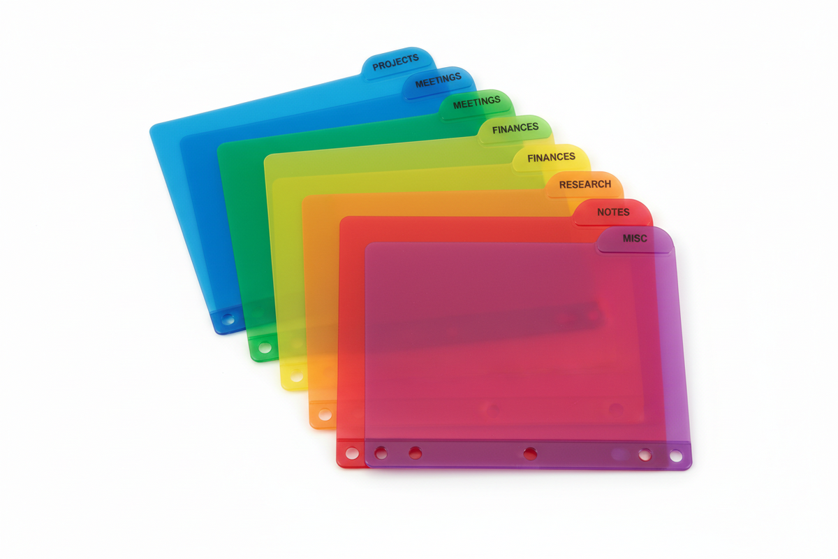 Binder dividers for organizing sections in binders