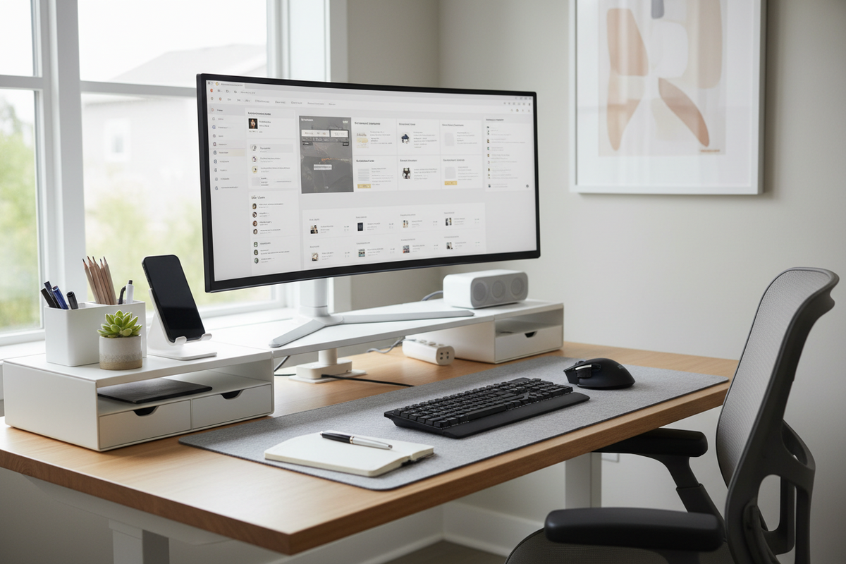 Modern office desk setup with accessories like monitor stand, mouse pad, and desk organizers