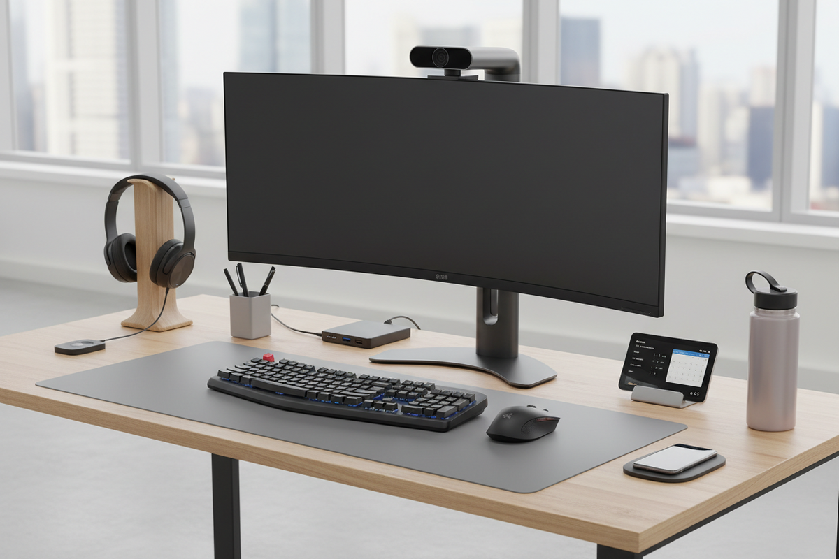 Office electronics including keyboard, mouse, monitor, webcam, and headset on a desk setup