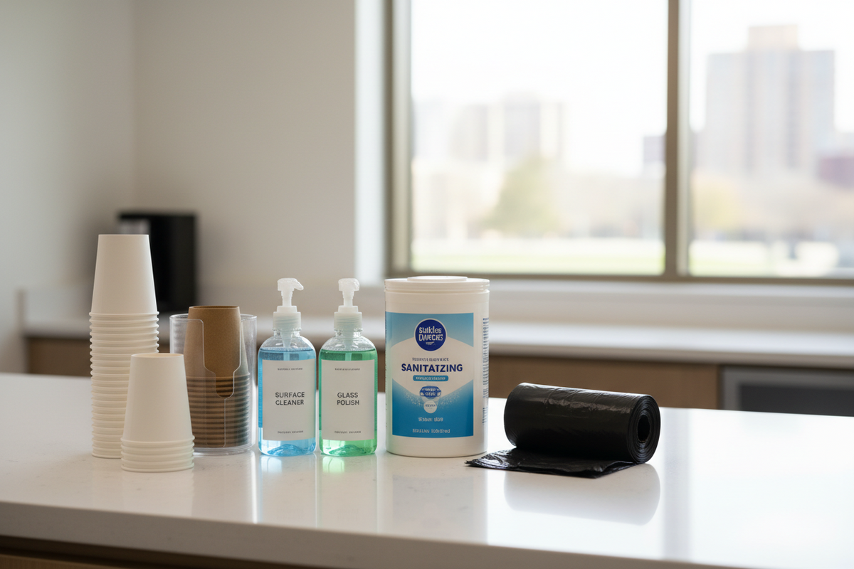 Office breakroom and cleaning supplies including coffee items, cups, and cleaning products