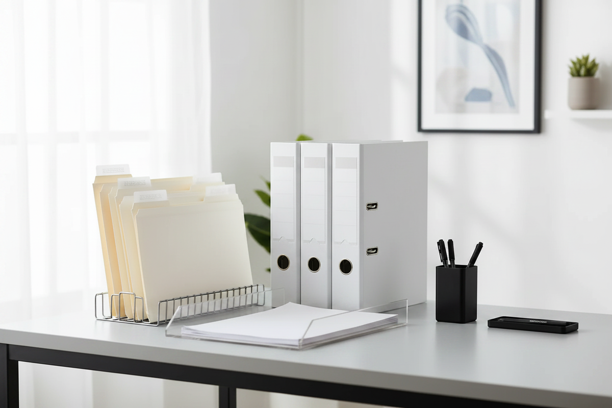 Office organization supplies including folders, binders, and document holders on a workspace