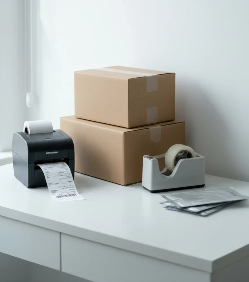 Shipping supplies including boxes, tape, mailers, and labels for packaging