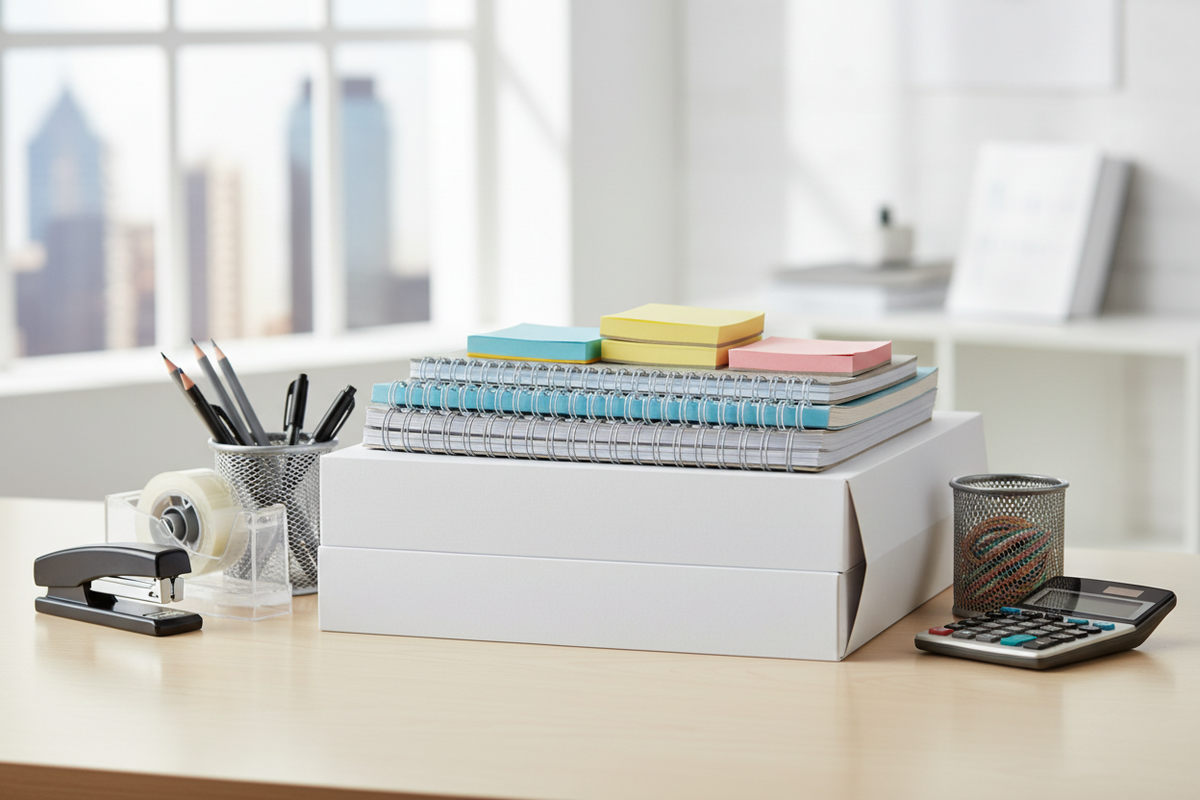 Office paper products including printer paper, notebooks, and sticky notes on a clean desk