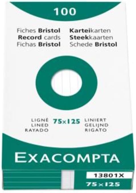 Exacompta - Ref 13801X - Bristol Lined Record Cards (Pack of 100) - 75 x 125mm in Size, 205gsm Card, Compatible with Printers - Suitable for Exam Revision & Notes - White