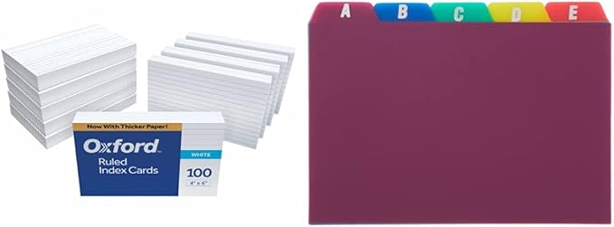Oxford 41 (1000 PK) Ruled Index Cards, 4" x 6", White, 1,000 Cards (10 Packs of 100) (41) & Poly Index Card Guides, Alphabetical, A-Z, Assorted Colors, 4" x 6" Size, 25 Guides per Set (73154)