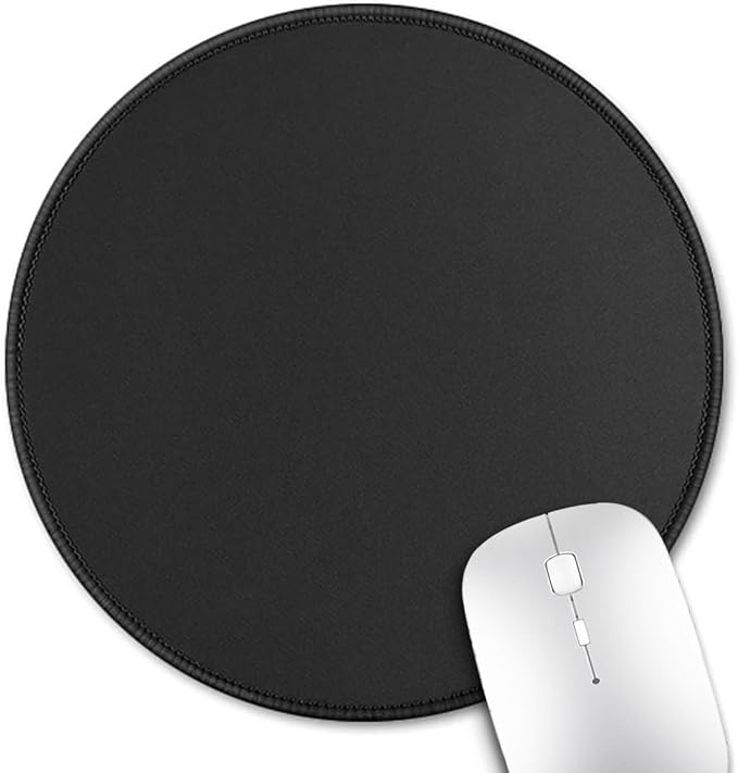 Cute Black Round Mouse Pad with Stitched Edges, 7.9" Diameter & 0.12" Thick, Smooth Fabric Surface & Anti-Slip Rubber Base Portable Circular Mat for Office Desk/Laptop/Home/Gaming/Traveling