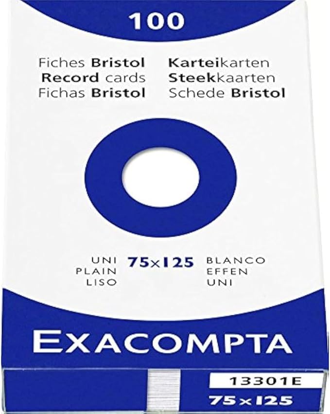 Exacompta - Ref 13301E - Bristol Plain Board for Printing (Pack of 100) - 75 x 125mm in Size, 205gsm Card, Compatible with Printers - Suitable for Exam Revision & Notes - White