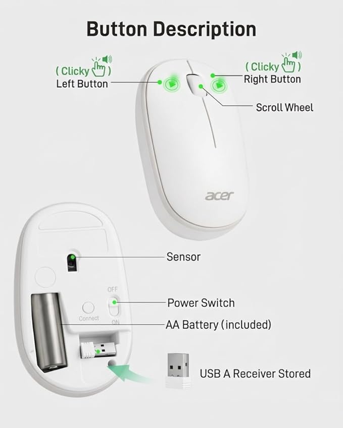 acer Computer Mouse Wireless, 2.4G Slim USB Wireless Mice with USB-A Receiver, 1600 DPI Optical, Laptop Mouse with Plug and Play for Right/Left Handed Users (for Chromebooks, Windows PC & Mac) White